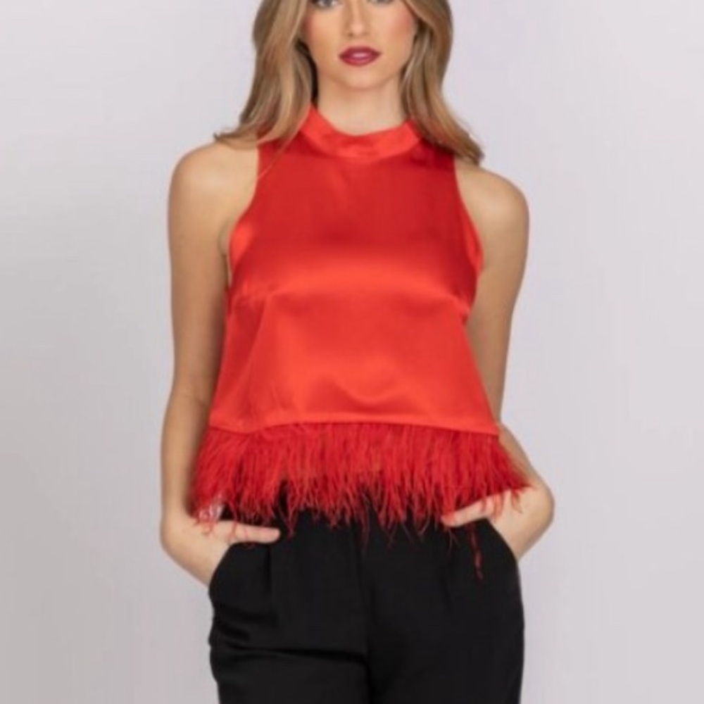 New Amanda Uprichard Delfina Top in Poppy Red with Feathers -XS